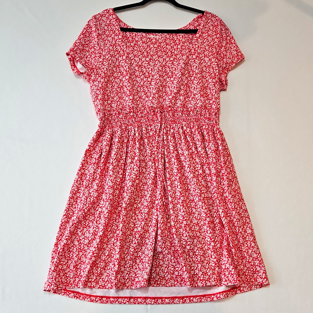 Lands' End Women's 16 Red White Floral A-Line Dress Scoop Neck Cap Sleeve